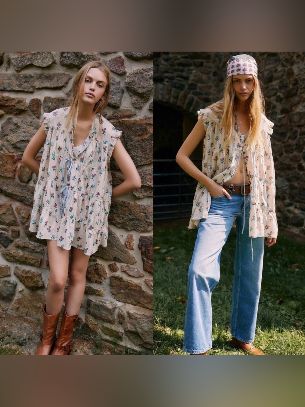 Free People Bohemian Prairie Sundown Mini Dress Tunic Top Ivory Combo Size S